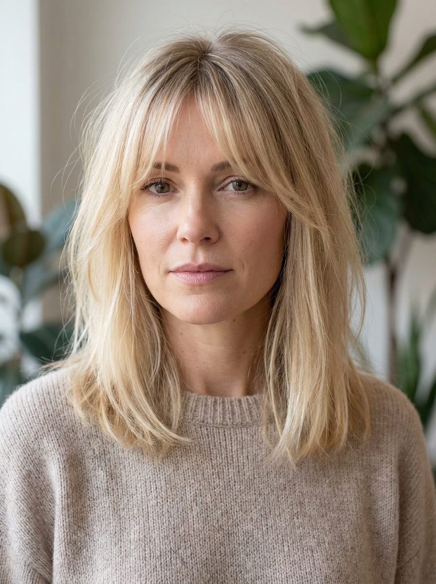 Curtain Bangs mit mittellangen Haaren als Frisuren für dünne Haare Inspiration 2026
